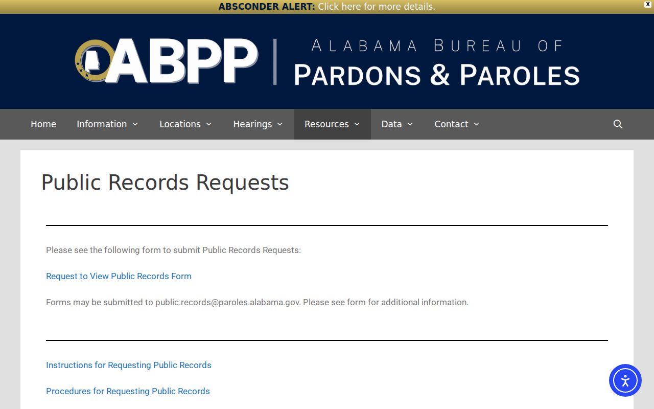 Perry County criminal supervision record request through ABPP