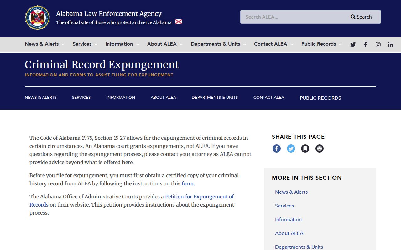 Perry County criminal record expungement information from ALEA