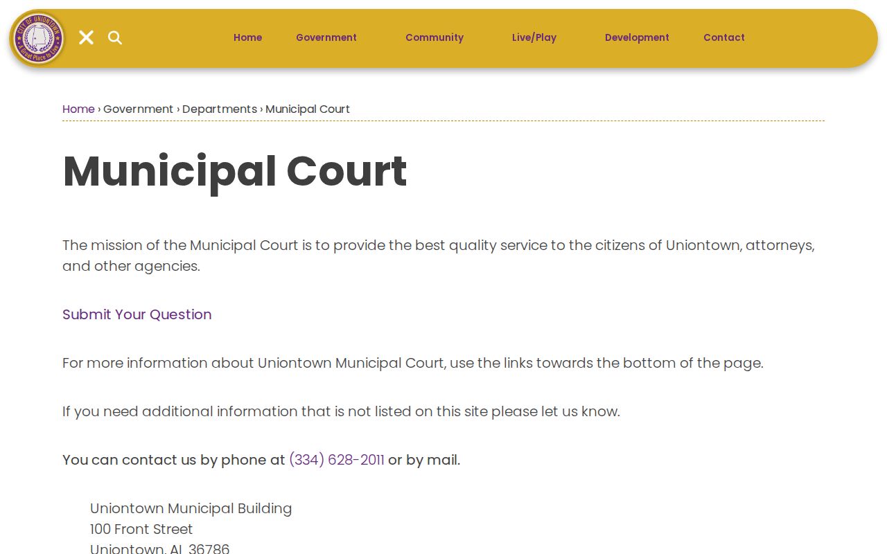 Uniontown municipal court criminal record contact page