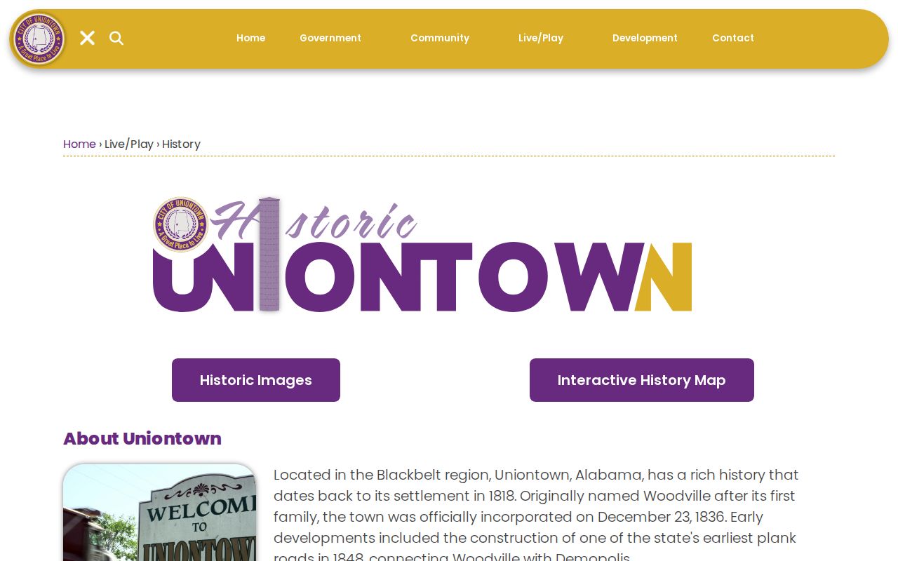 Uniontown historical record from Woodville settlement through city growth